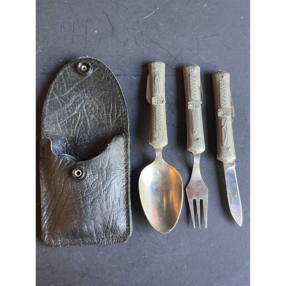 Vintage Folding Camp Cutlery Set Knife Fork Spoon Leather Pouch Hobo Picnic Kit